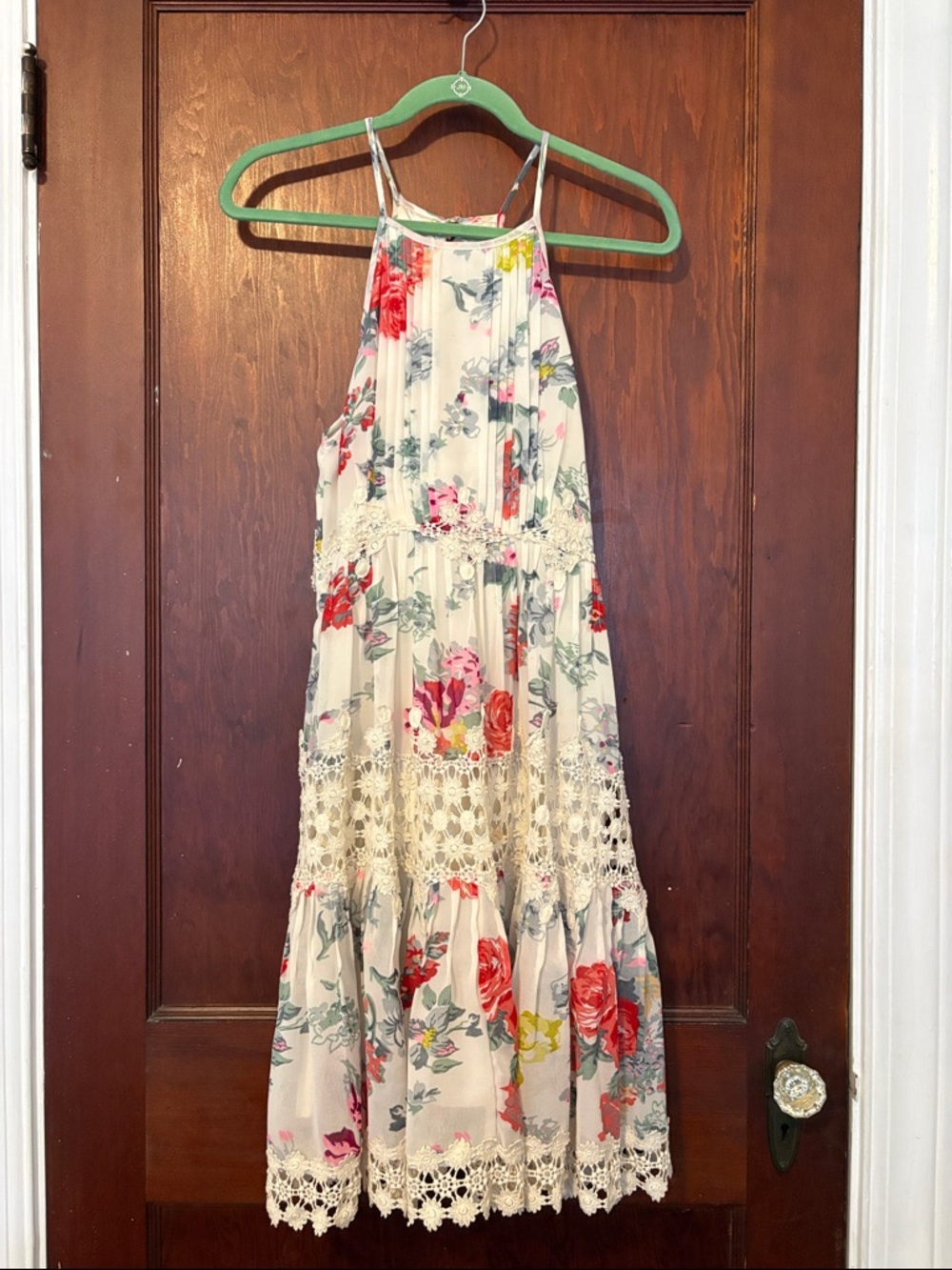 Ranna Gill Cream Floral Halter Dress with Lace Trim